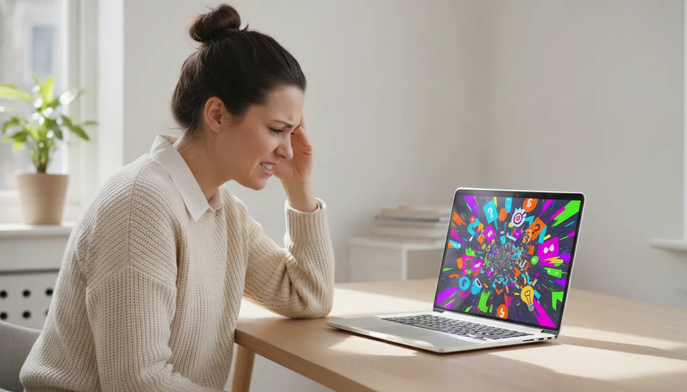 Mulher frustrada olhando laptop com motion graphics caóticos, causando distração.