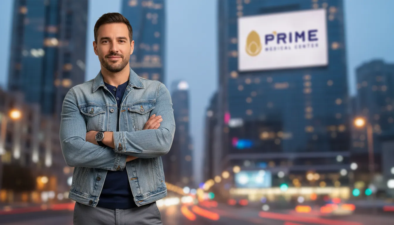 Homem confiante sorri após realizar aumento peniano sem cirurgia, transmitindo bem-estar e satisfação pessoal.