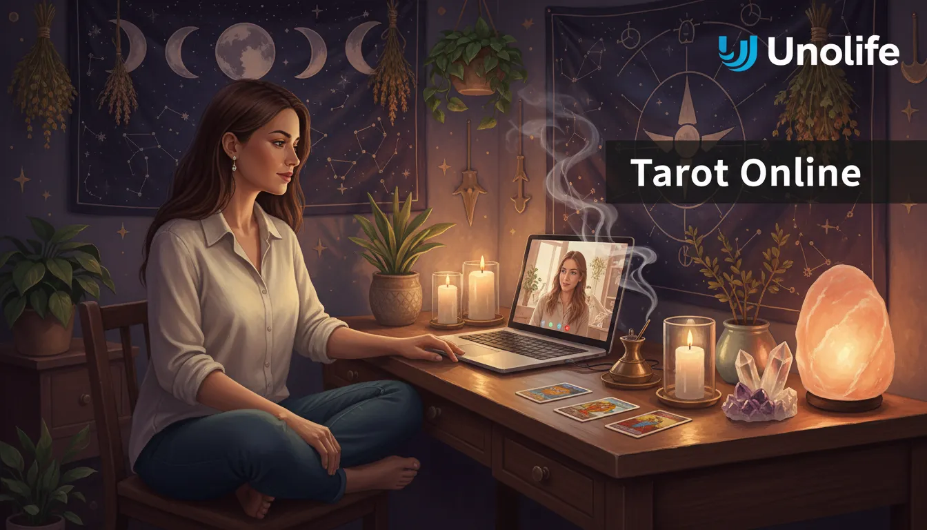 Ilustração de uma mulher fazendo uma tiragem de tarot online, com elementos místicos ao redor, representando a conveniência e acessibilidade dos serviços da Unolife.