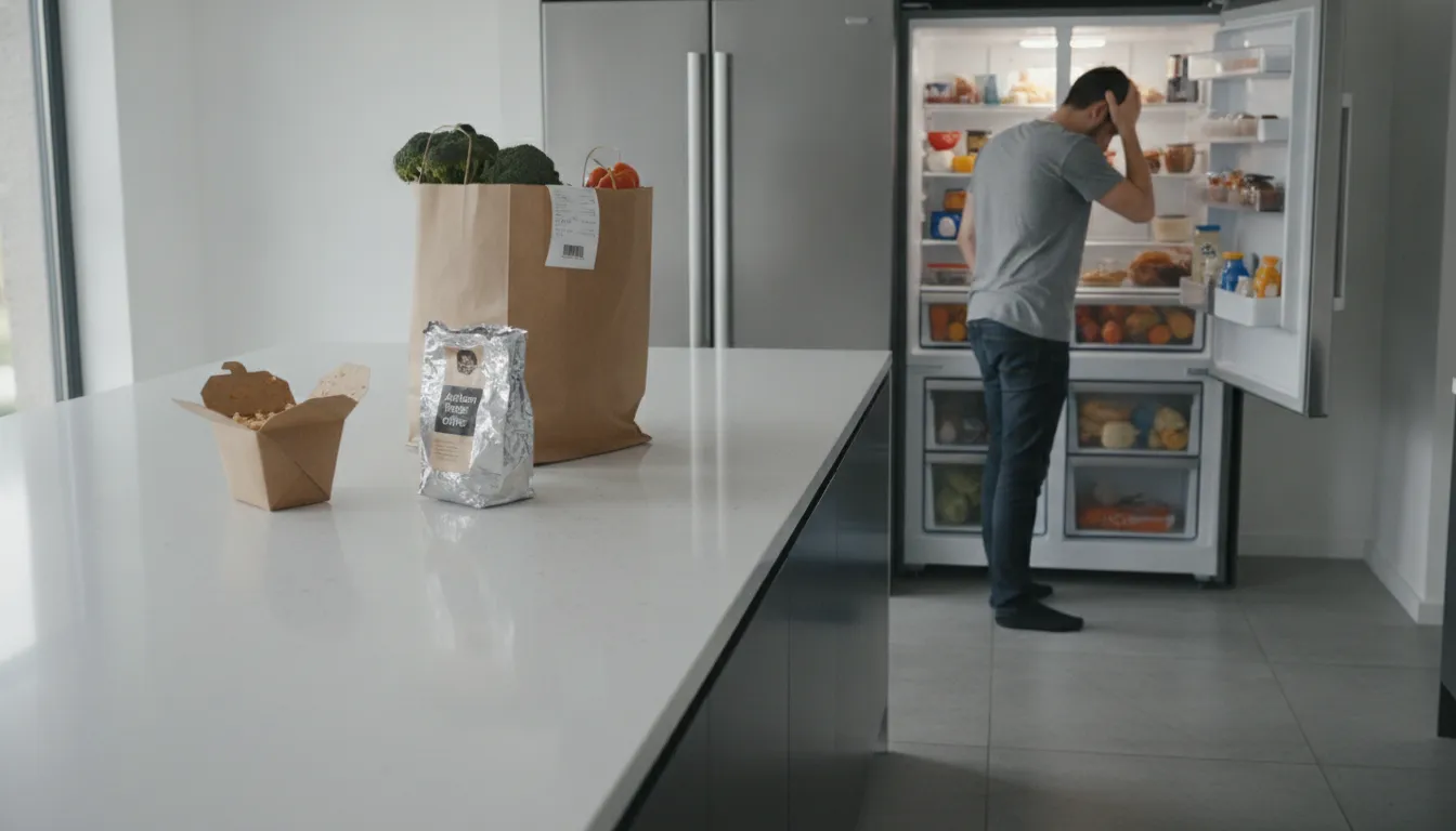 Cozinha com comida desperdiçada, indicando desperdícios financeiros na alimentação.