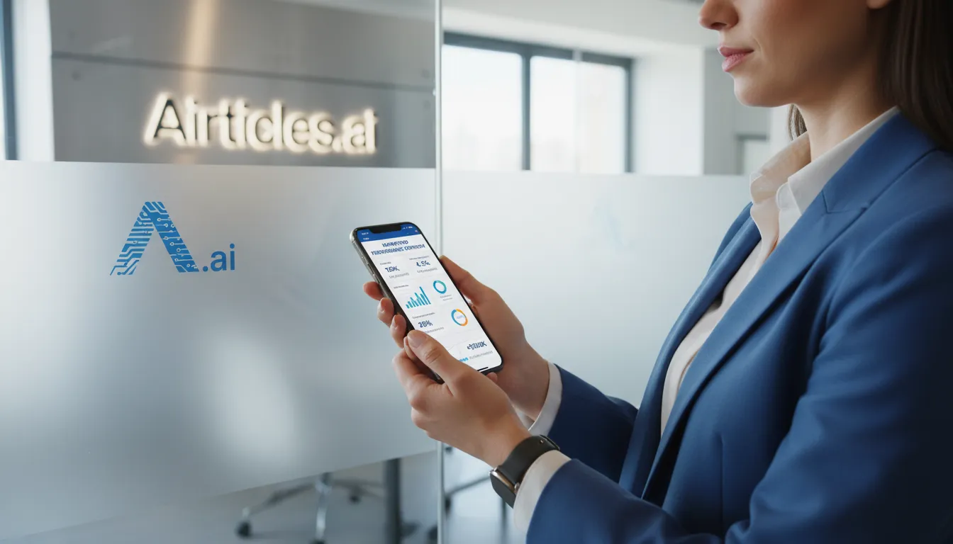Uma empresária segurando um smartphone com KPIs de marketing, com o logo da Airticles.ai ao fundo, representando o uso de Calculadora de Orçamento.