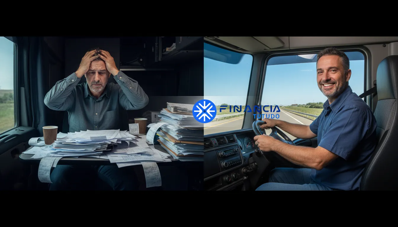 Comparativo de um caminhoneiro antes e depois de conseguir o refinanciamento de caminhão financiado com a Financia Tudo, mostrando a solução para seus problemas.