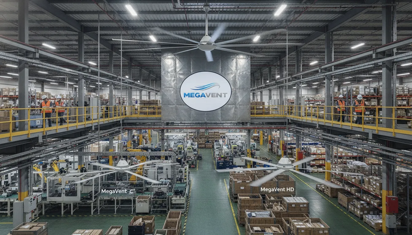 Diferentes modelos de ventilador de teto industrial MegaVent instalados em fábrica. Compare seus preços.