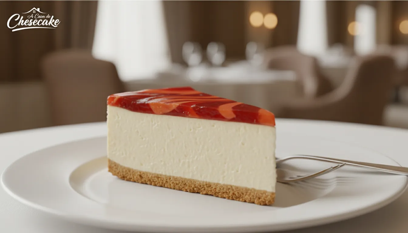 Uma fatia perfeita de Cheesecake de Goiaba, revelando a textura cremosa e camadas deliciosas, servida em prato elegante. Sabor inconfundível.