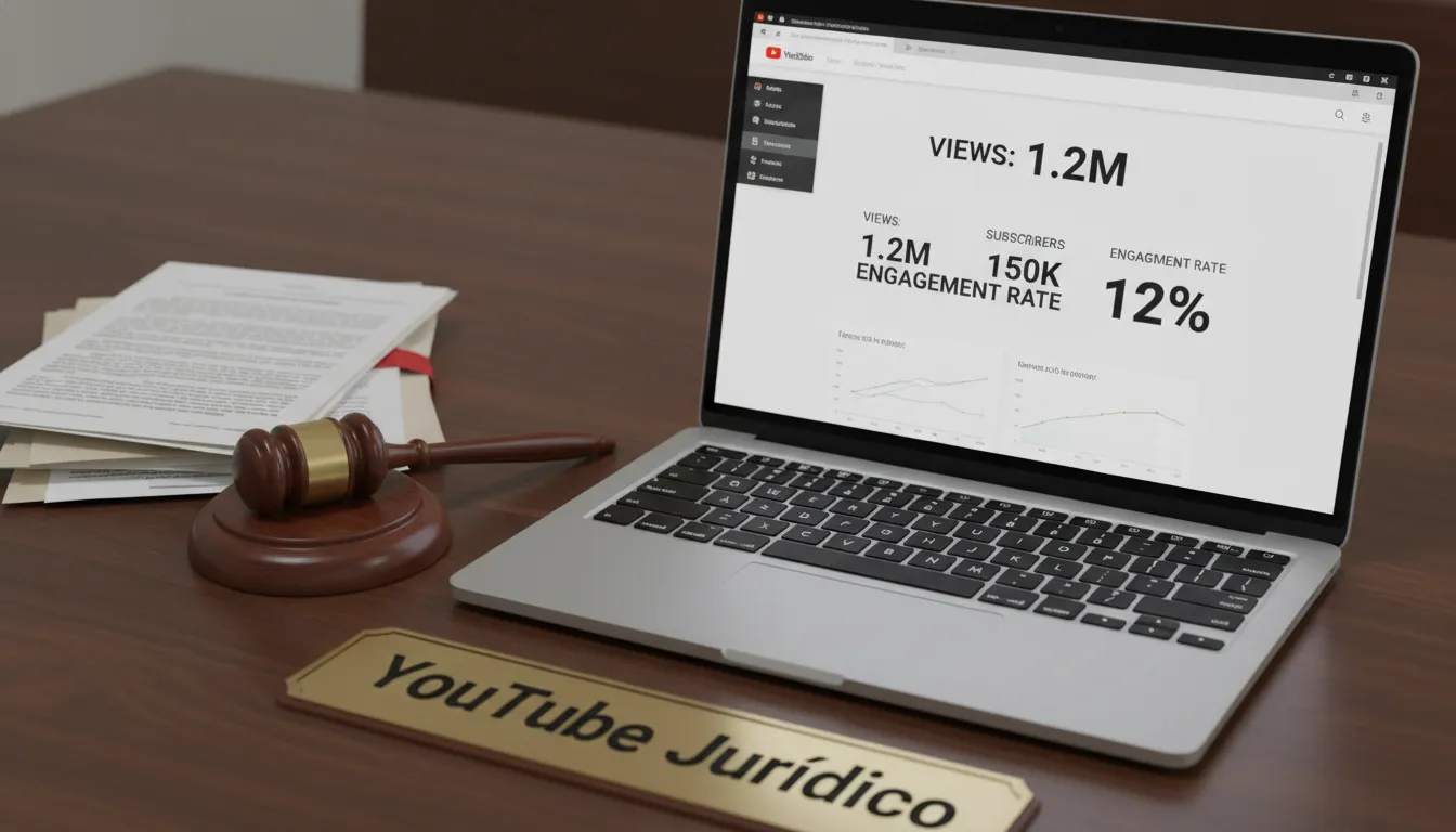 Dashboard do YouTube exibindo métricas de um canal jurídico de sucesso, demonstrando o poder do marketing juridico no YouTube. 