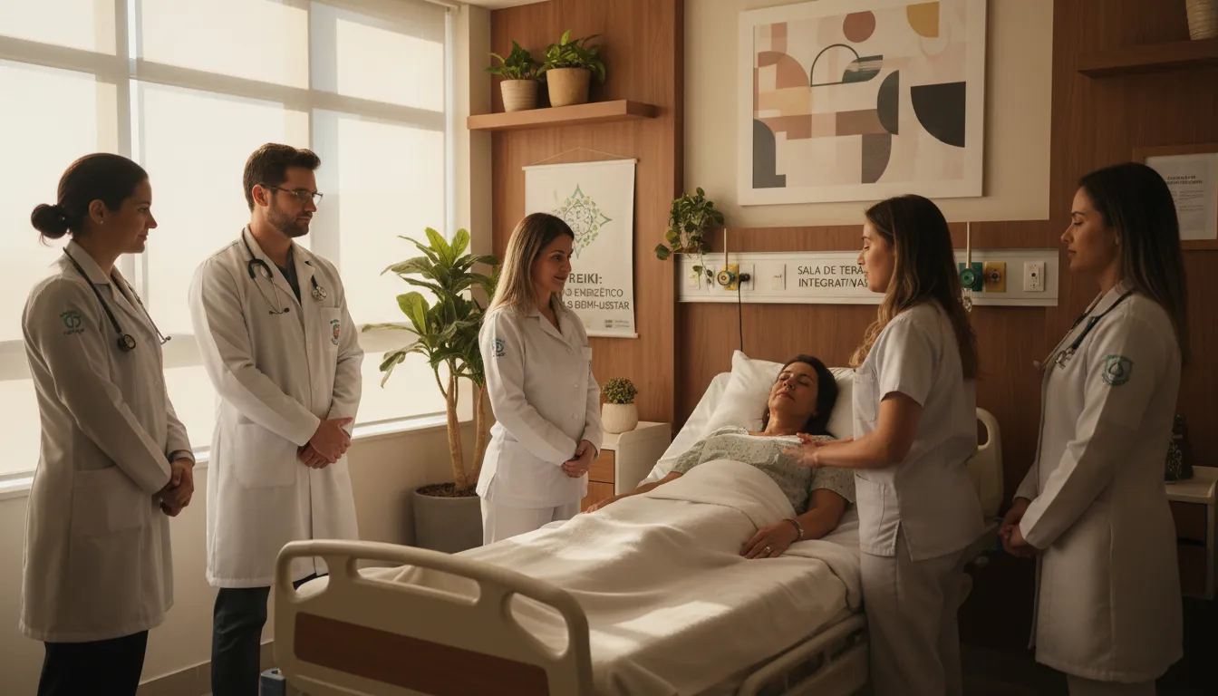Equipe de saúde observa terapeuta aplicando Reiki em hospital, mostrando humanização do cuidado no ambiente clínico.