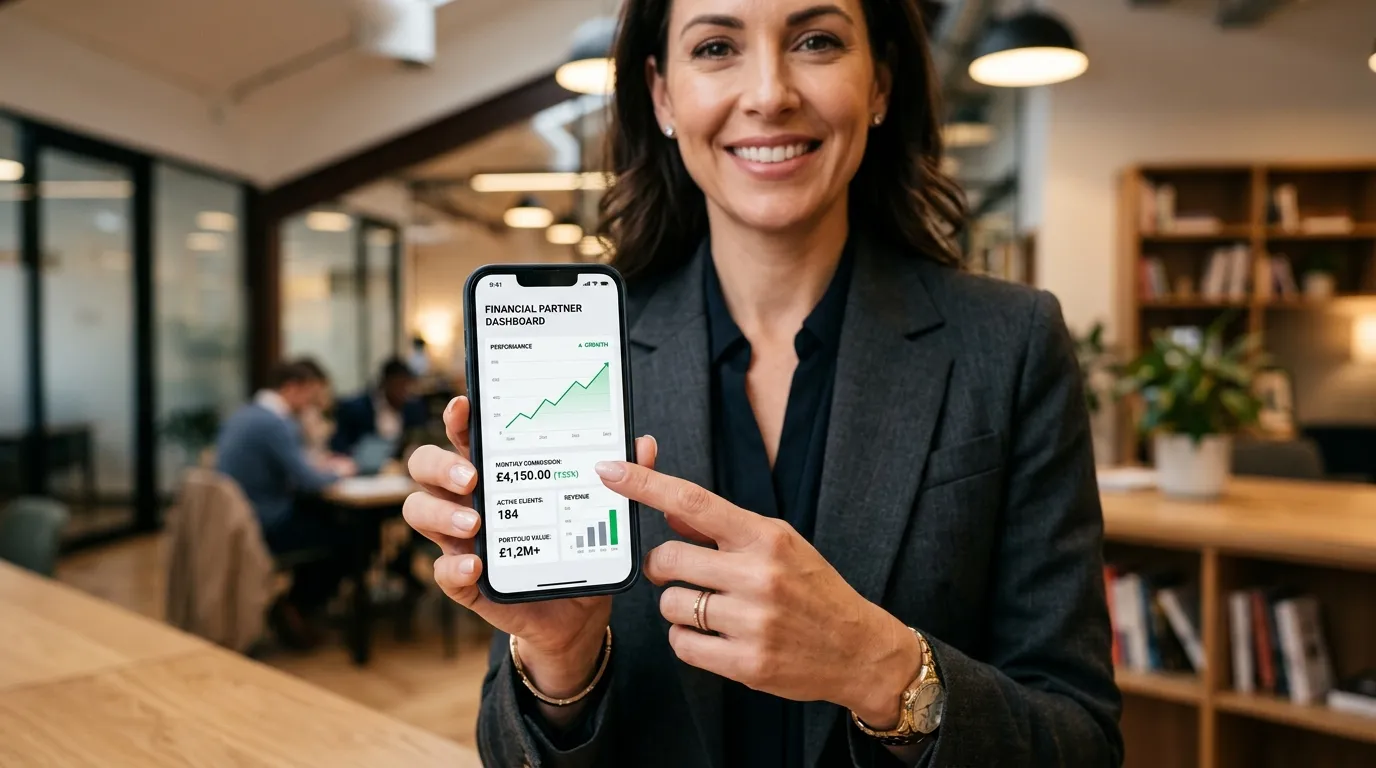 Painel digital mostrando ganhos com indicação de crédito como renda extra no celular.
