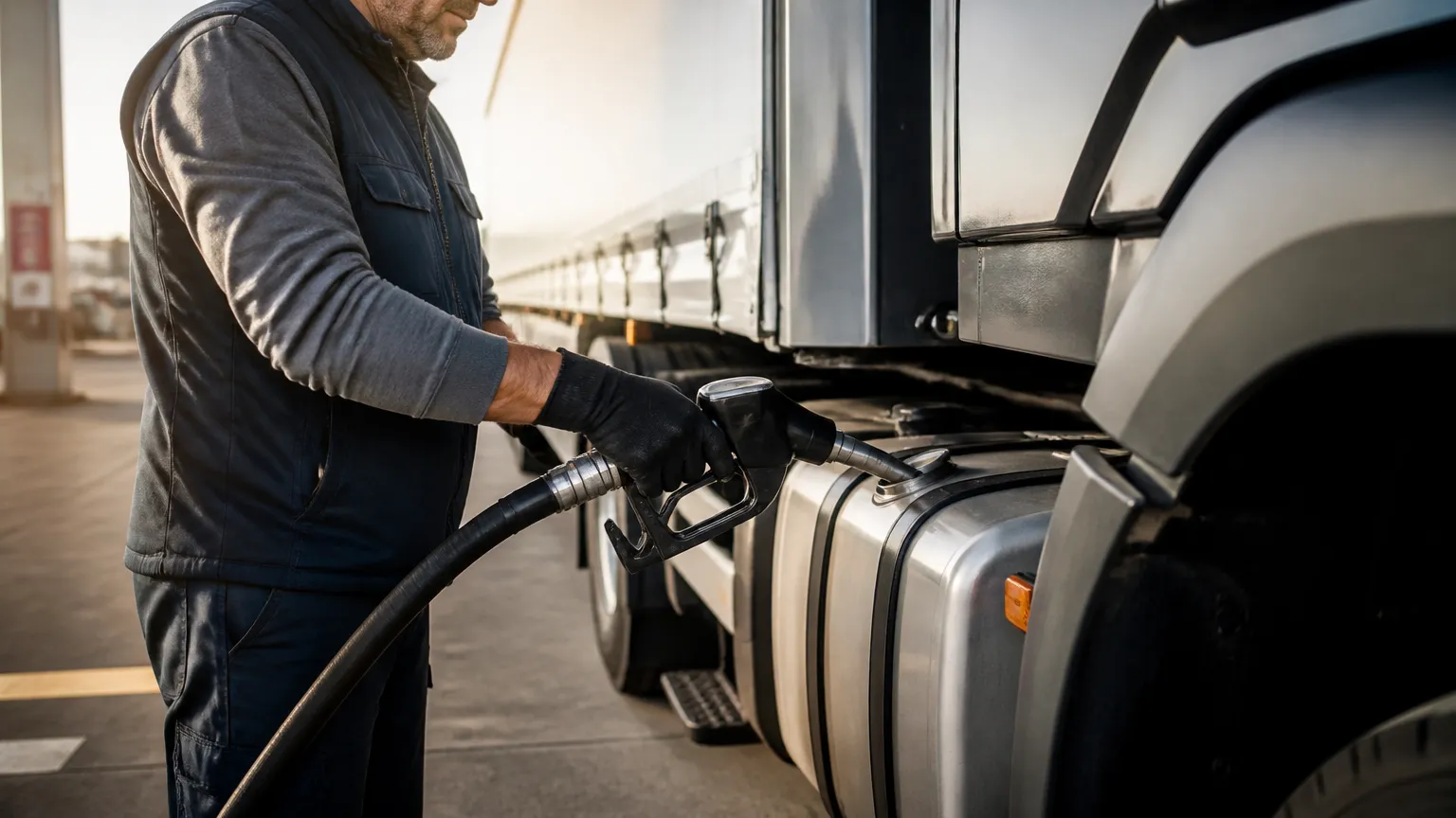Abastecimento de combustível diesel representando custos de viagem de caminhão no frete rodoviário