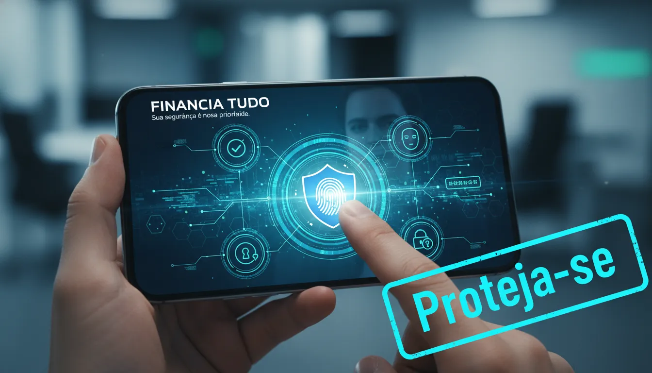 Pessoa usando app bancário seguro no celular, com camadas de verificação. A Financia Tudo te mostra como aumentar a segurança no pix e evitar prejuízos.