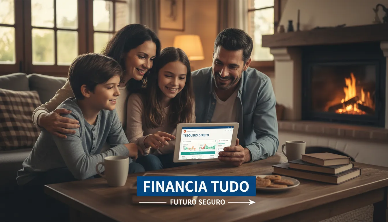Uma família planejando o futuro financeiro com o Tesouro Direto usando o tablet e a Financia Tudo, simbolizando segurança e planejamento familiar.