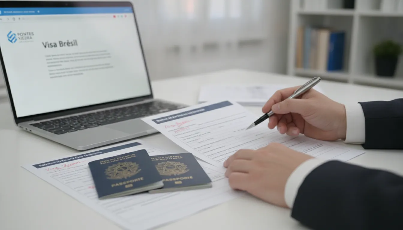Documents organisés pour demande de visa Bresil, passeports, écran Pontes Vieira. Guide complet procédure.