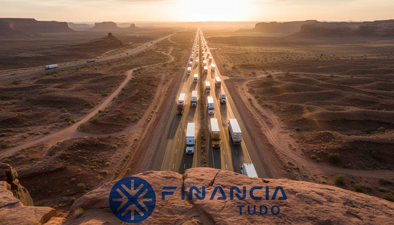Uma longa fila de caminhões em uma vasta paisagem simboliza o sucesso empresarial com refinanciamento de caminhão para capital de giro, potencializado pela Financia Tudo.