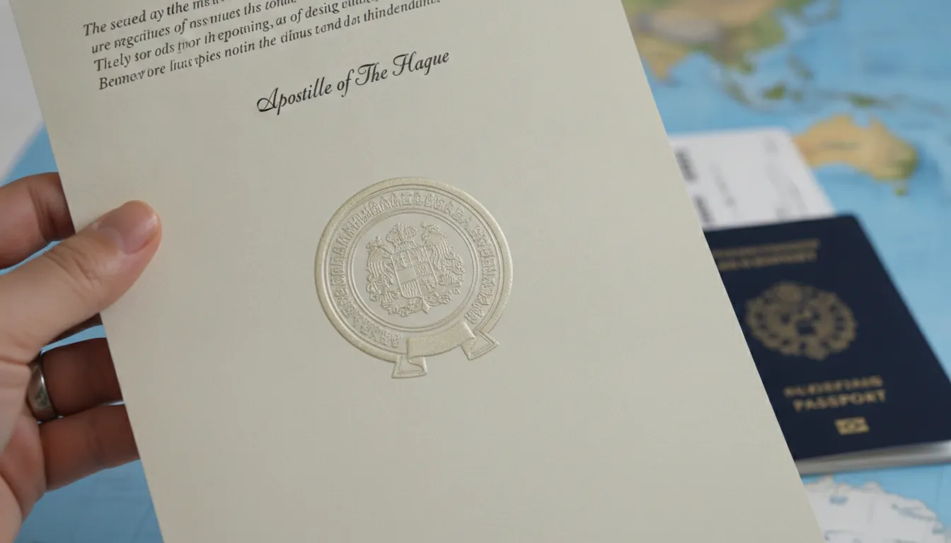 Detalhe de documento oficial com o selo do apostilamento de haia, simbolizando validação internacional.