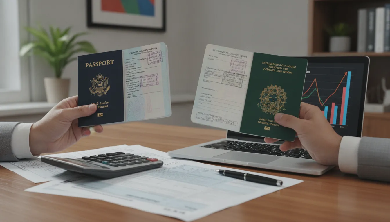 Mãos segurando passaportes e documentos fiscais, representando os impactos da dupla cidadania americana e brasileira.