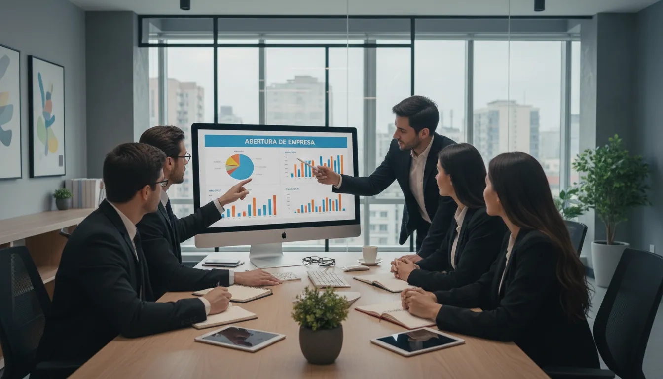 Consultores contábeis orientando empreendedores sobre abertura e planejamento tributário em escritório moderno.