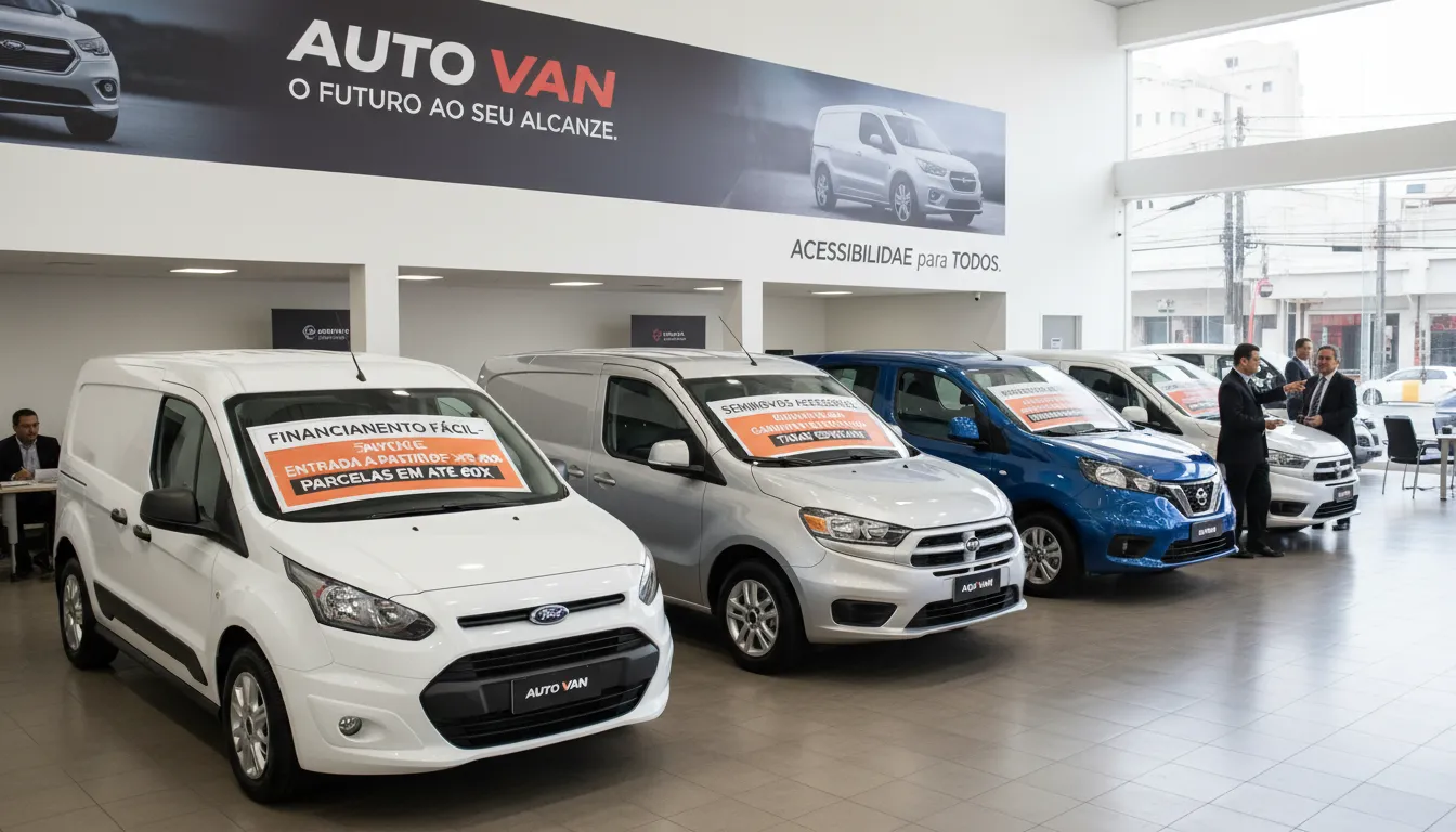 Concessionária exibe vans acessíveis com opções de financiamento em destaque.