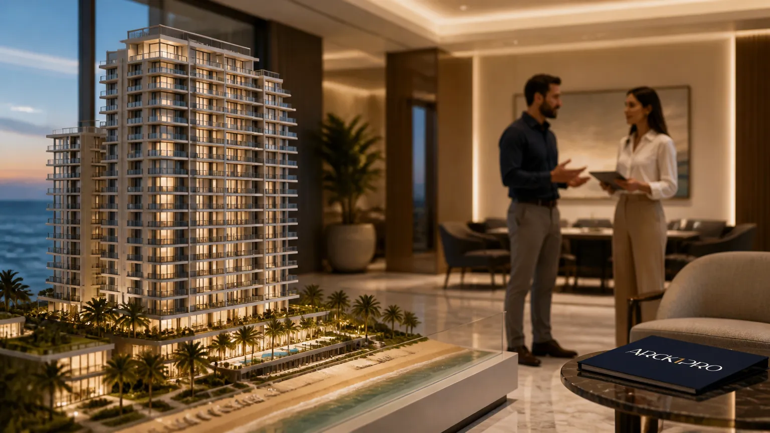 Maquete arquitetonica de alto padrao avaliando onde investir 100 mil reais em incorporacao.