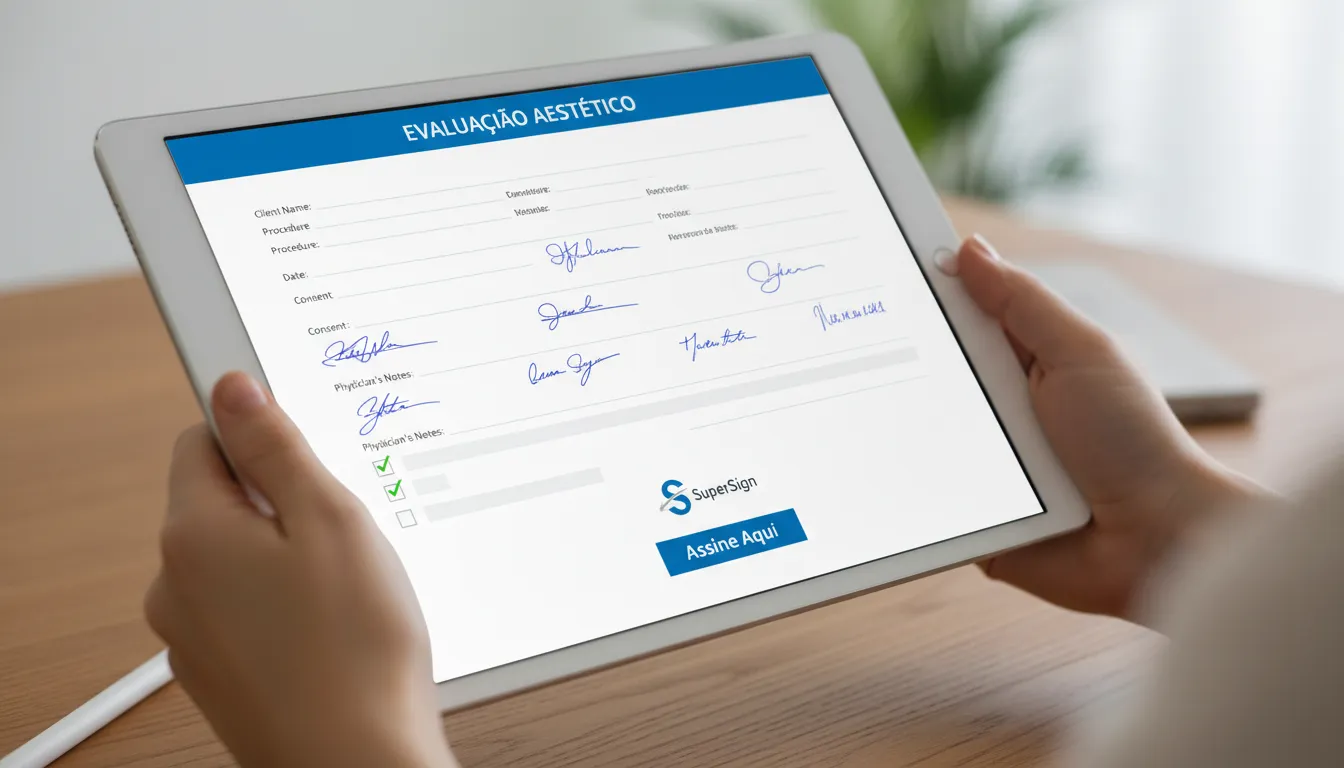 Close-up de um tablet exibindo uma ficha de anamnese estética preenchida e assinada digitalmente, destacando a assinatura eletrônica.