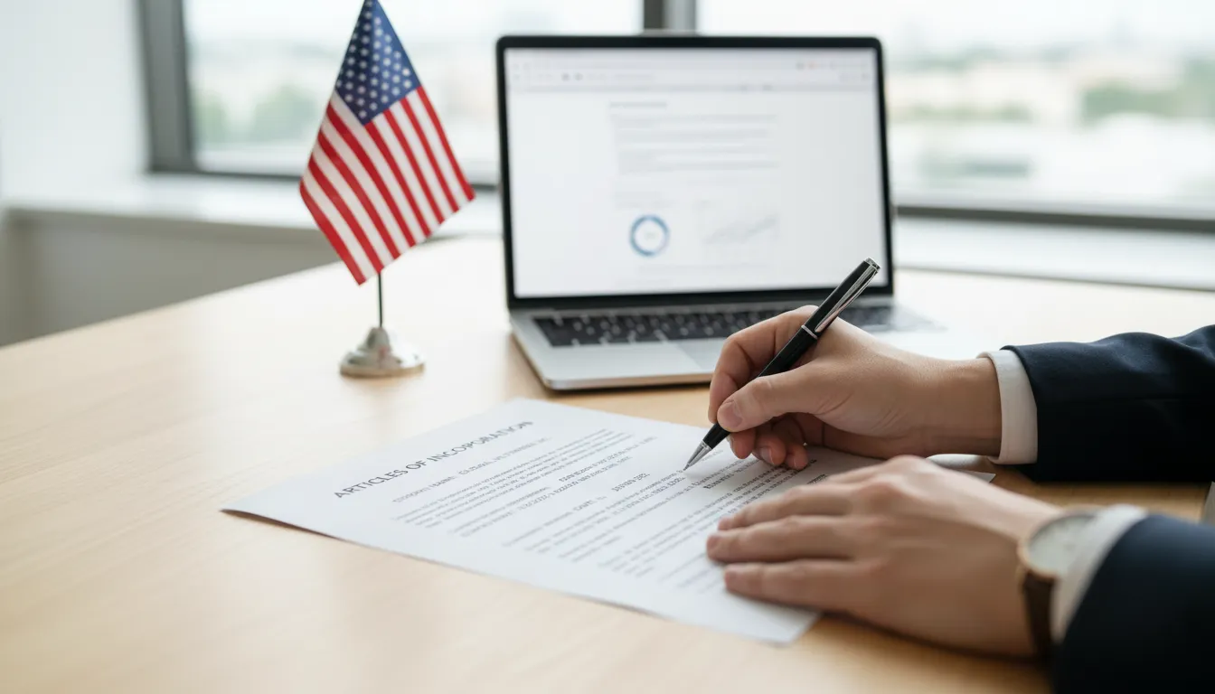 Assinatura de documentos para abertura de empresa nos EUA, bandeira americana e ambiente profissional