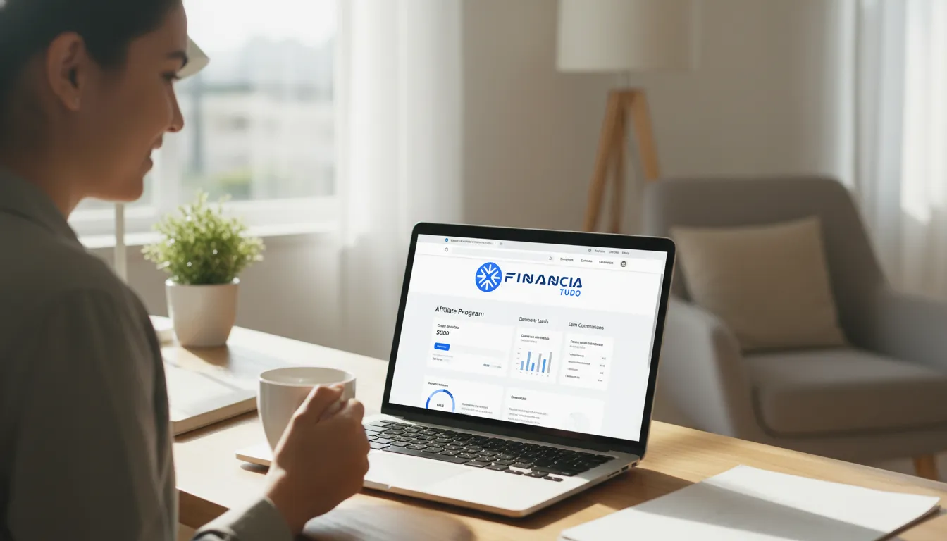 Pessoa usando laptop em casa para gerar leads qualificados para crédito afiliado com a Financia Tudo.