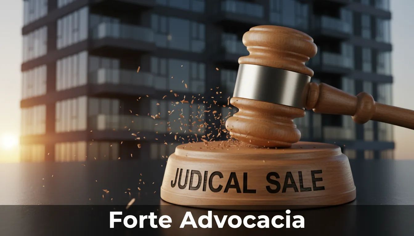 Pesquisa Pronta destaca a imagem de um martelo batendo em um bloco com a frase 'Venda Judicial', representando o processo de extinção de condomínio.