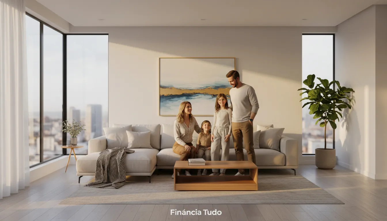 Família sorrindo em seu apartamento recém-renovado, ilustrando o resultado positivo de um empréstimo para condomínios.