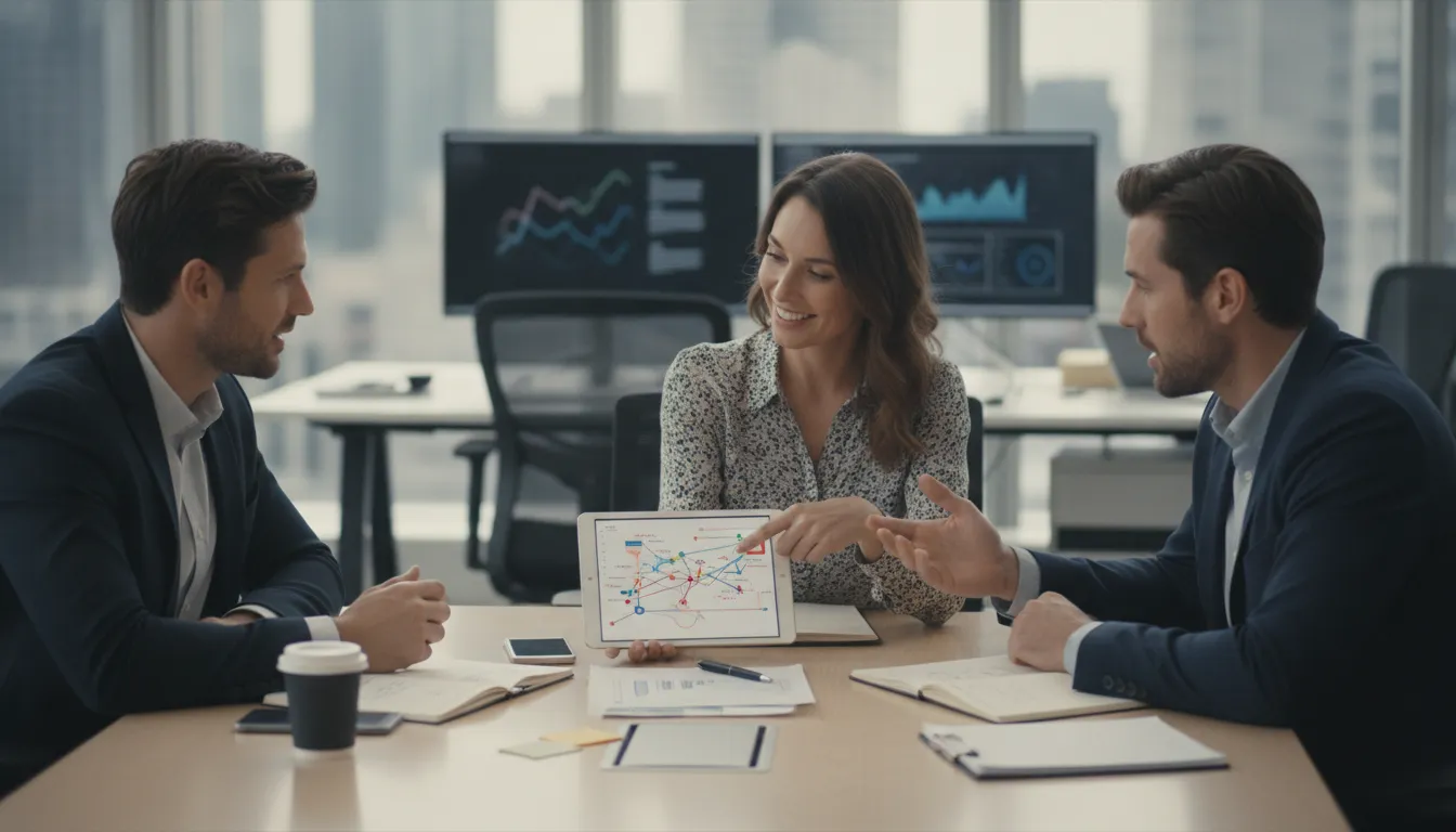 Grupo diverso discutindo estratégias de sucesso em afiliados financeiros para iniciantes em ambiente profissional.