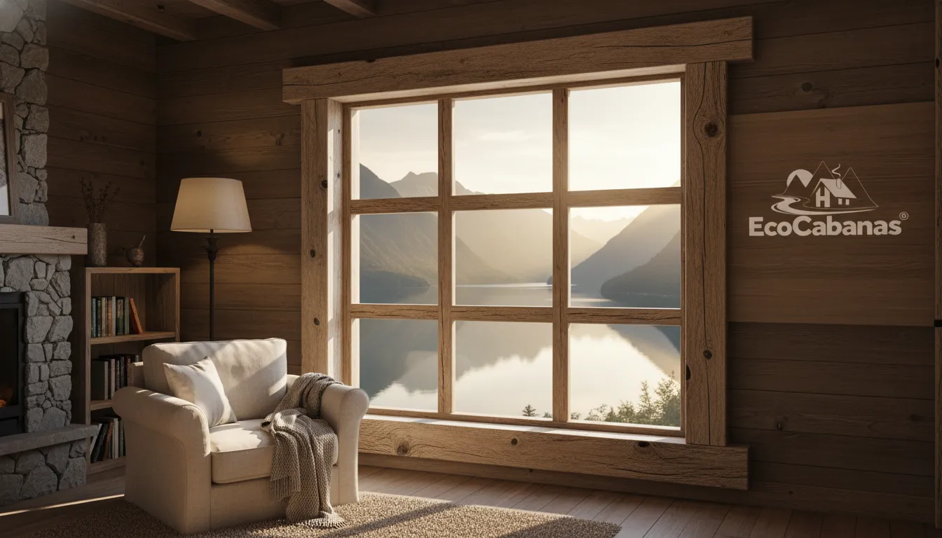 Interior de uma cabana com janela de madeira rústica, vista para um lago sereno, criando um ambiente acolhedor e convidativo para relaxar.