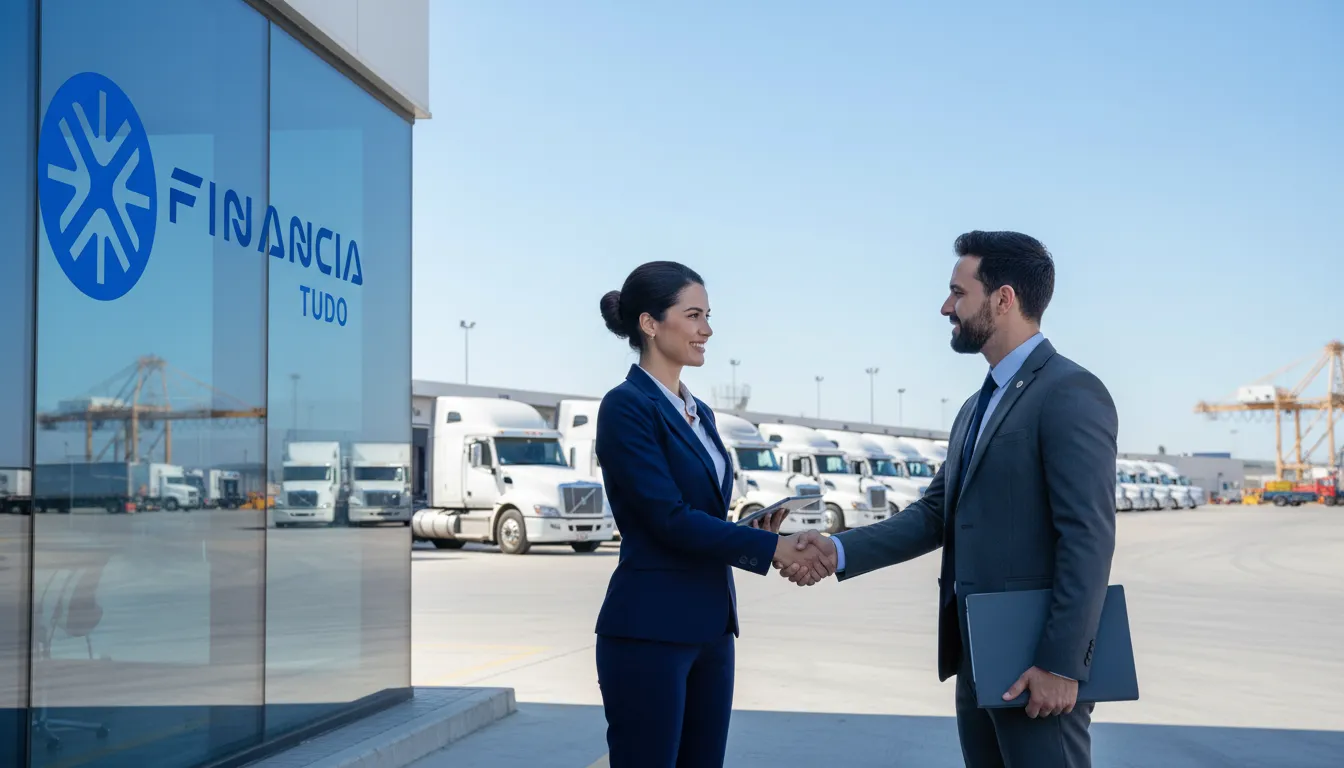 Empresária fecha acordo de refinanciamento de caminhão para capital de giro com a Financia Tudo, em frente à sua frota.