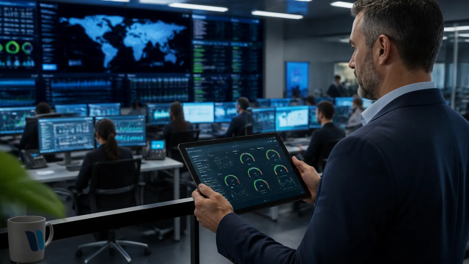 Monitoramento de métricas e SLA de atendimento em centro de operações de tecnologia.