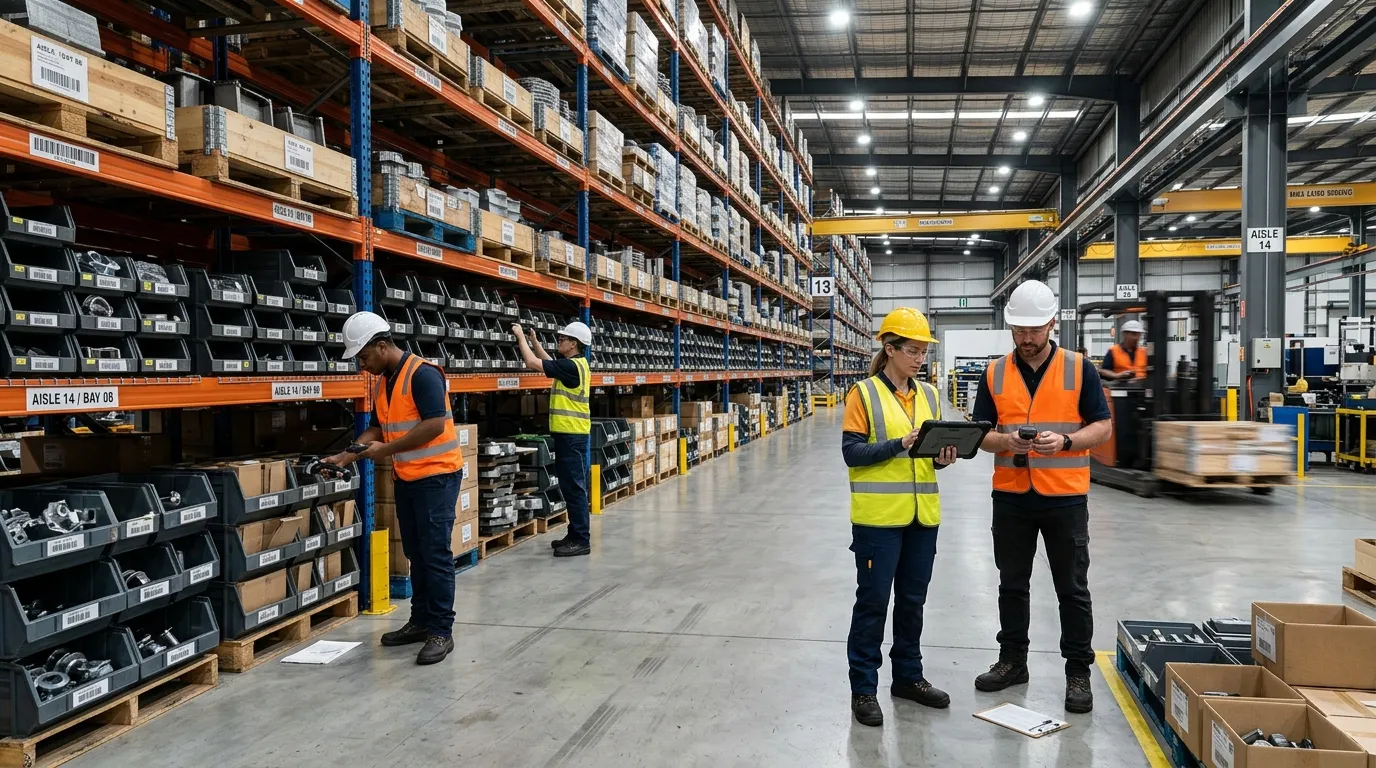 Visão geral de armazém organizado durante processo de inventário de estoque rotativo.