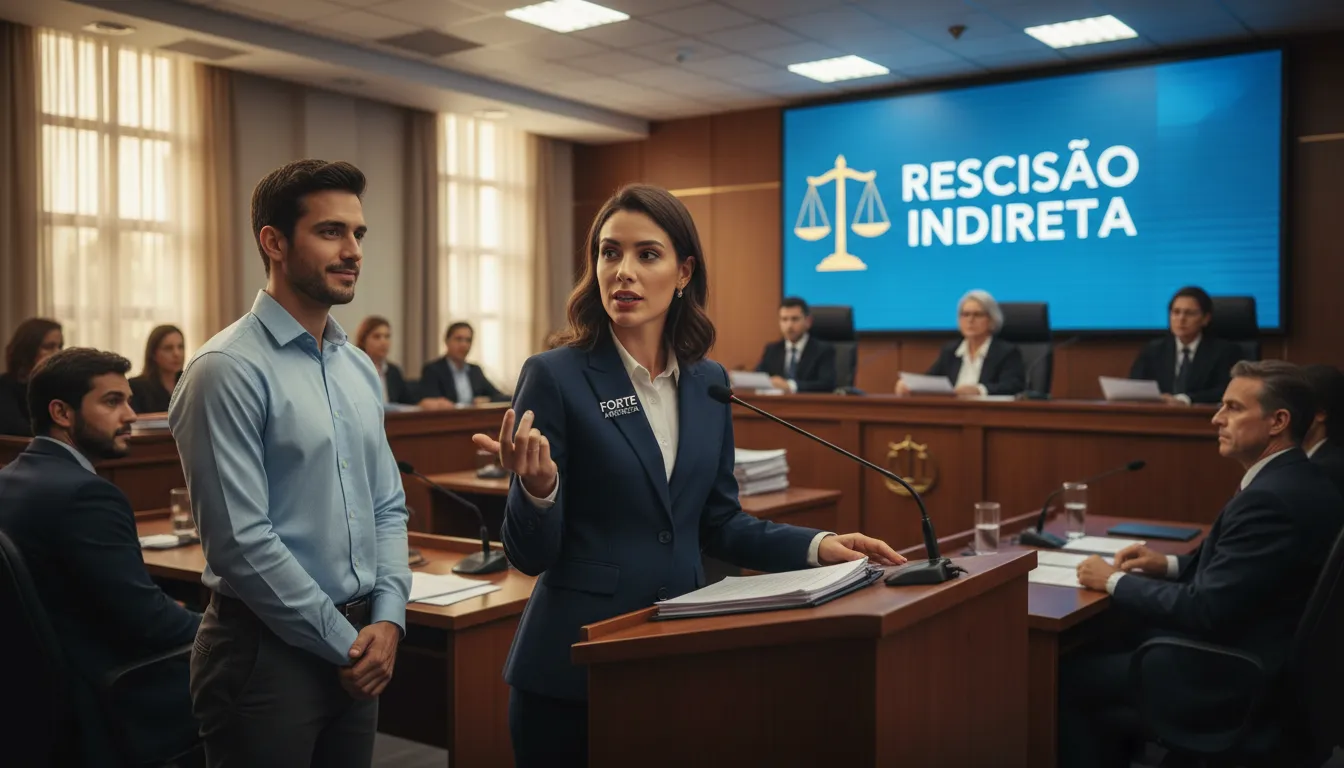 Advogado da Forte Advocacia defendendo os direitos de um cliente em um caso de rescisão indireta no tribunal. A imagem transmite a busca por justiça.