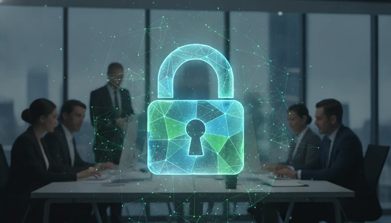 Padlock digital sobre rede de dados, simbolizando segurança e integridade na governança corporativa.