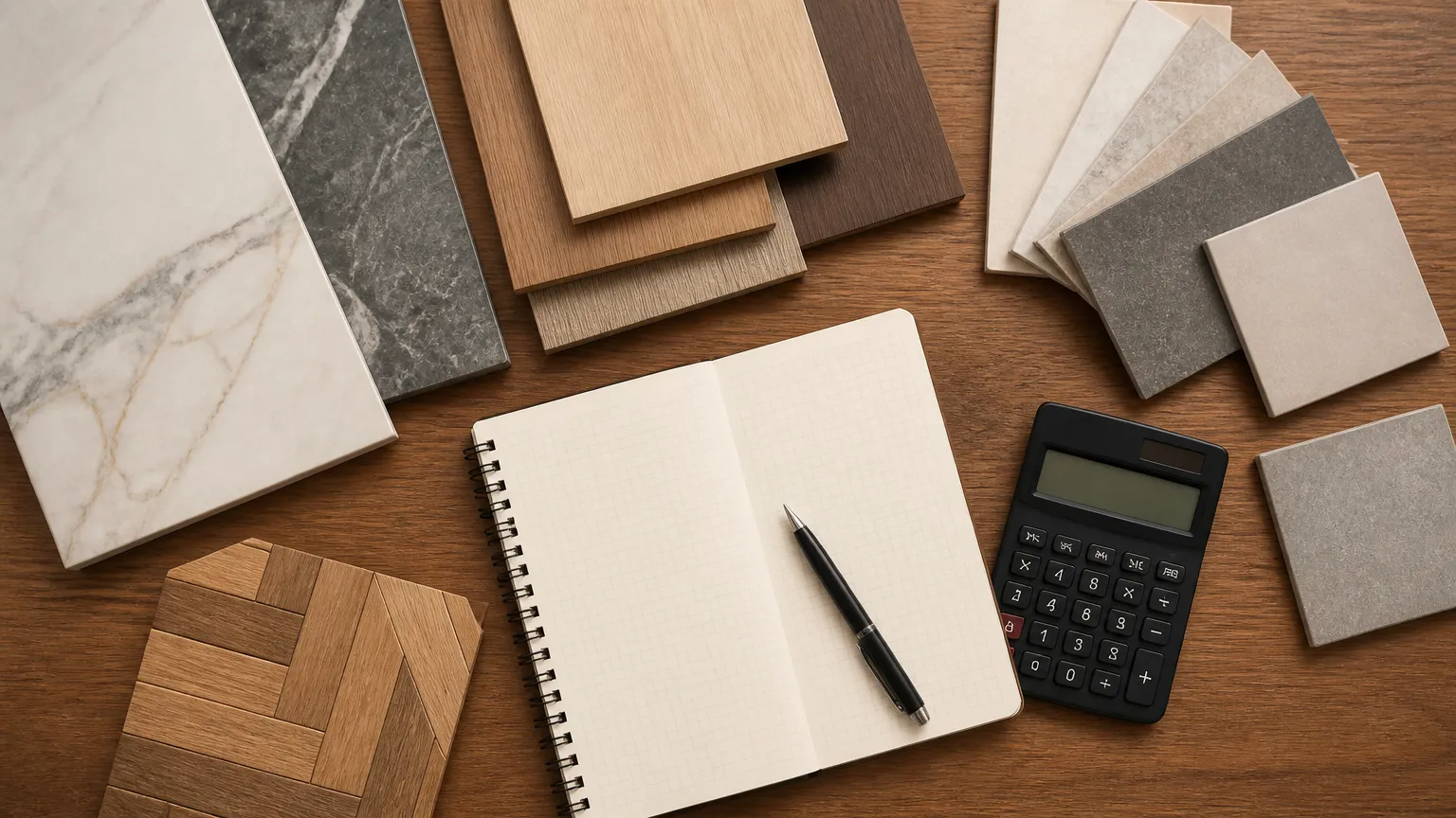 Amostras de materiais e cálculo financeiro para como organizar o final de uma obra sem gastos extras.