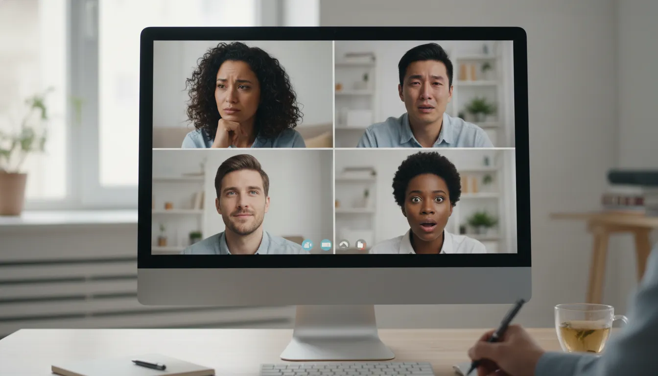 Grupo diverso participa de sessão de constelação familiar online, demonstrando variadas emoções e promovendo a cura.