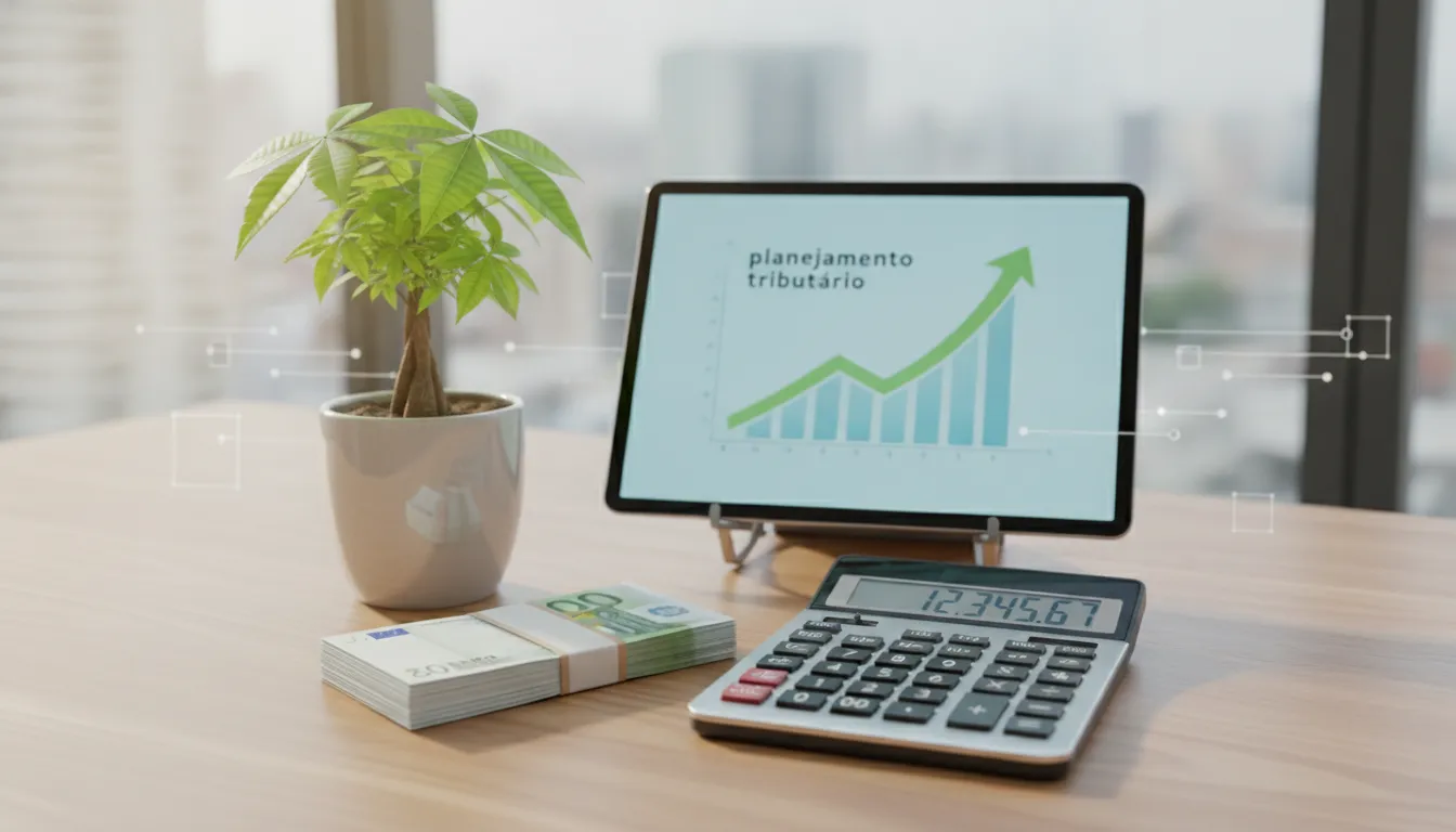 Mesa com dinheiro, calculadora e planta simbolizam o crescimento e o que é planejamento tributário eficaz.