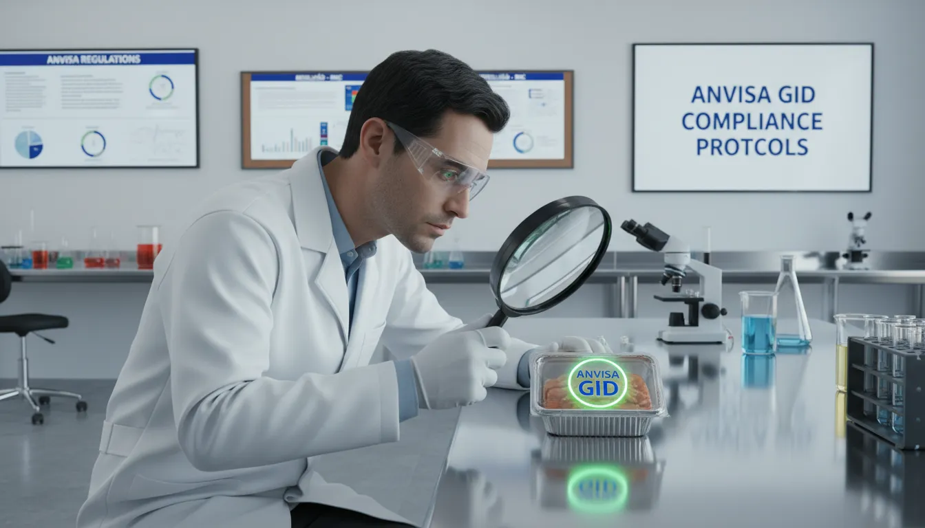 Um cientista examina embalagens com adesivos para alimentos da GID em um laboratório, com documentos da Anvisa ao fundo, garantindo a conformidade regulatória.