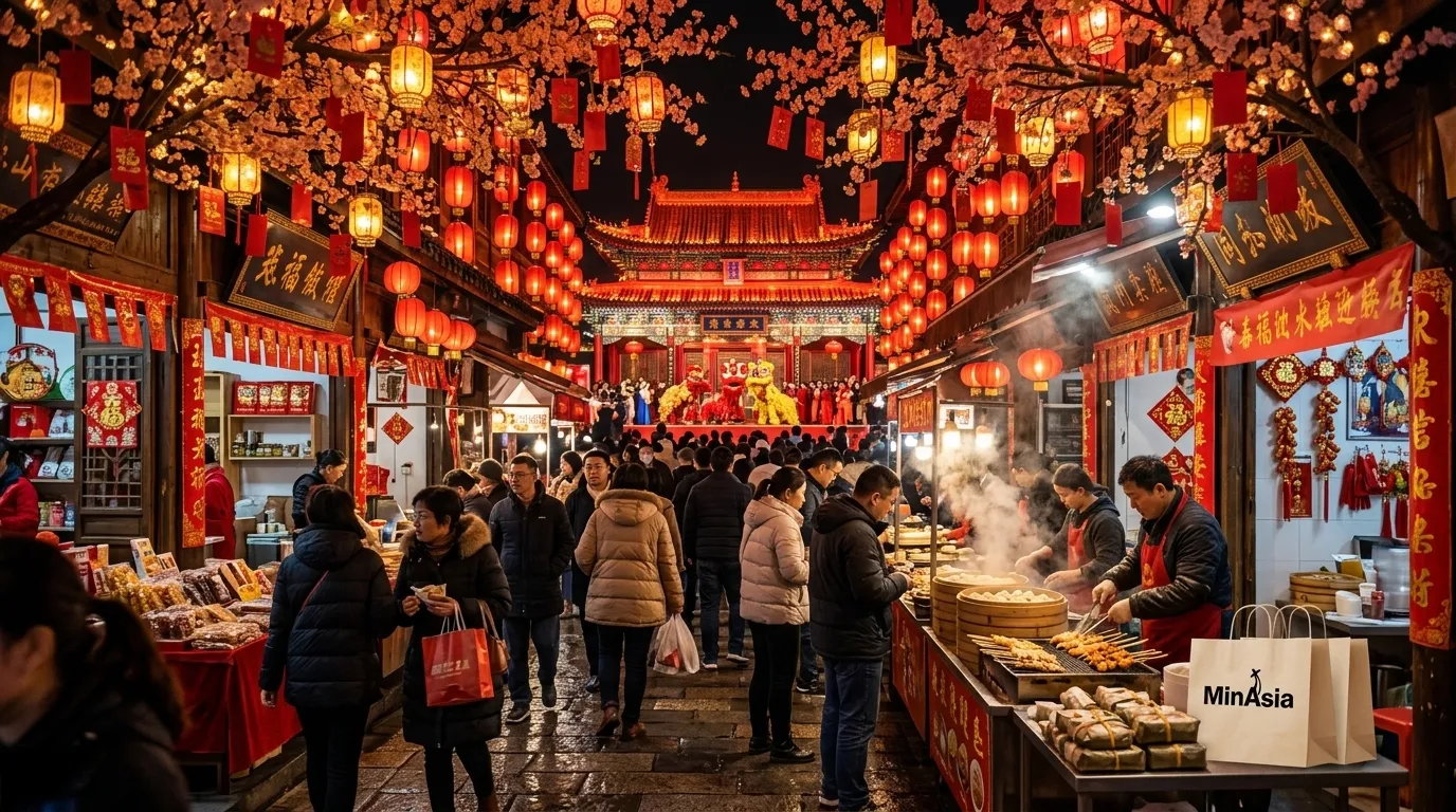 Mercado noturno iluminado por lanternas e decorações tradicionais no Ano Novo Chinês.