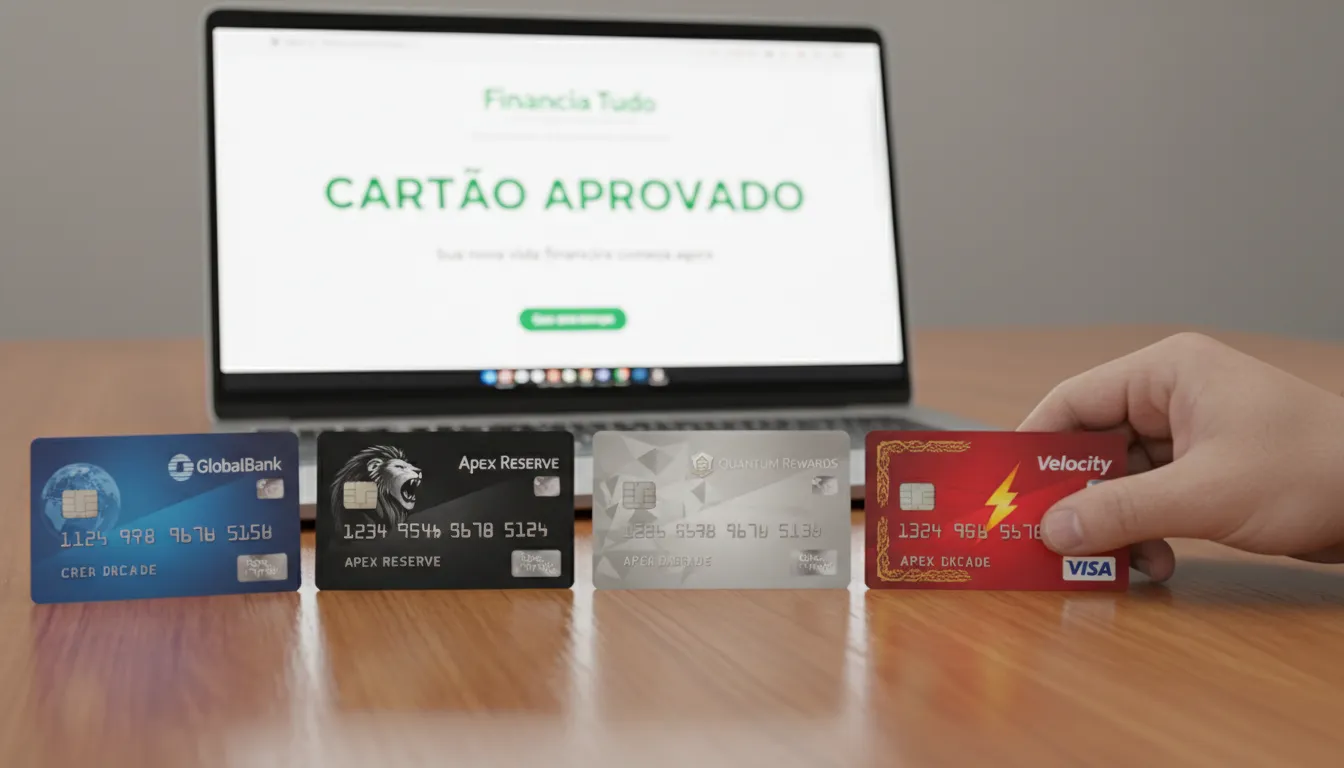 Cinco opções de cartões de crédito dispostos em uma mesa, representando alternativas de cartão para negativado com aprovação facilitada.