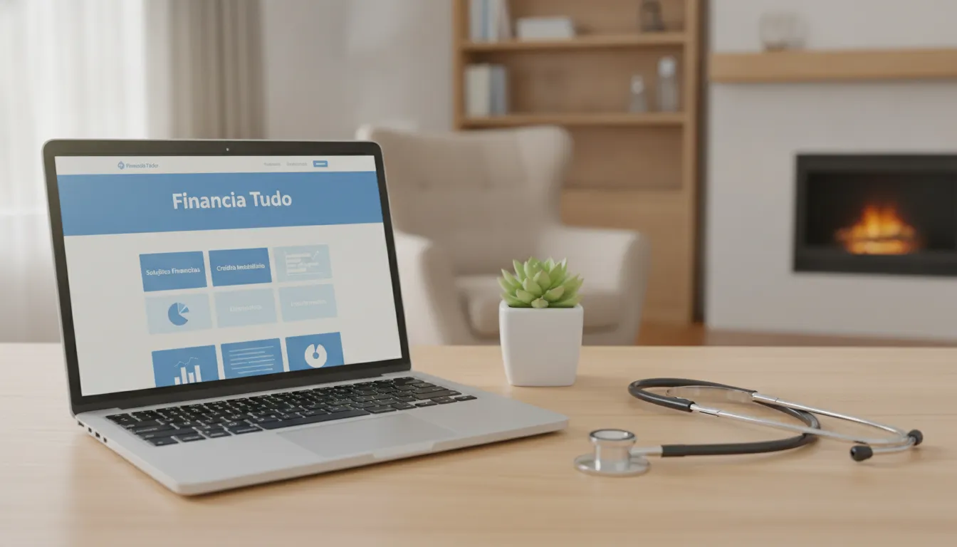 Mesa com laptop exibindo Financia Tudo, estetoscópio, simbolizando home equity para médicos e soluções.