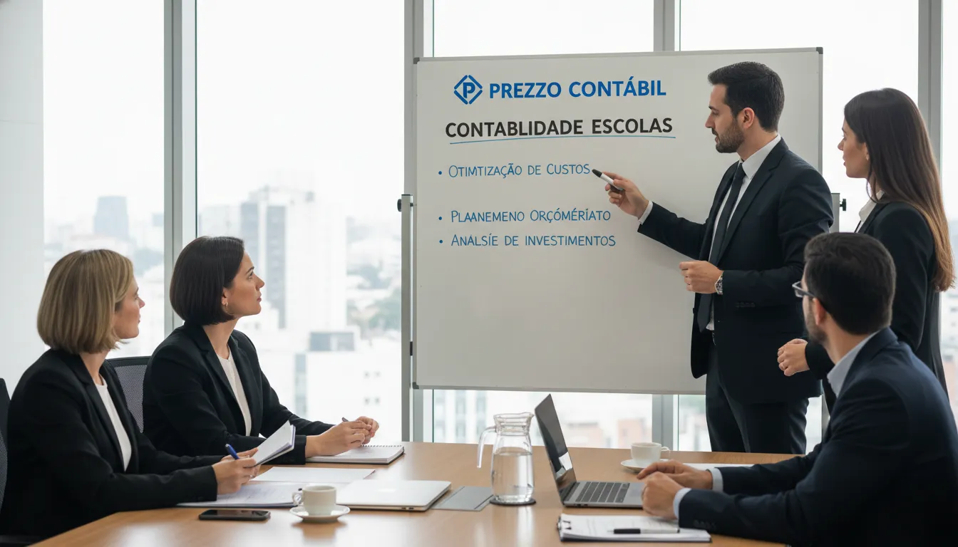 Administradores escolares reunidos com consultor da Prezzo Contábil discutindo estratégias financeiras, focando em contabilidade para escolas em São Paulo.