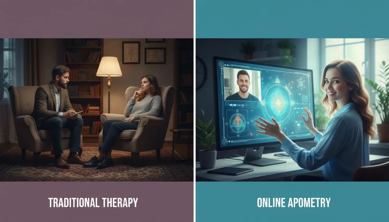 Comparativo entre terapia tradicional e terapia energética apométrica online, mostrando a evolução no tratamento do bem-estar.