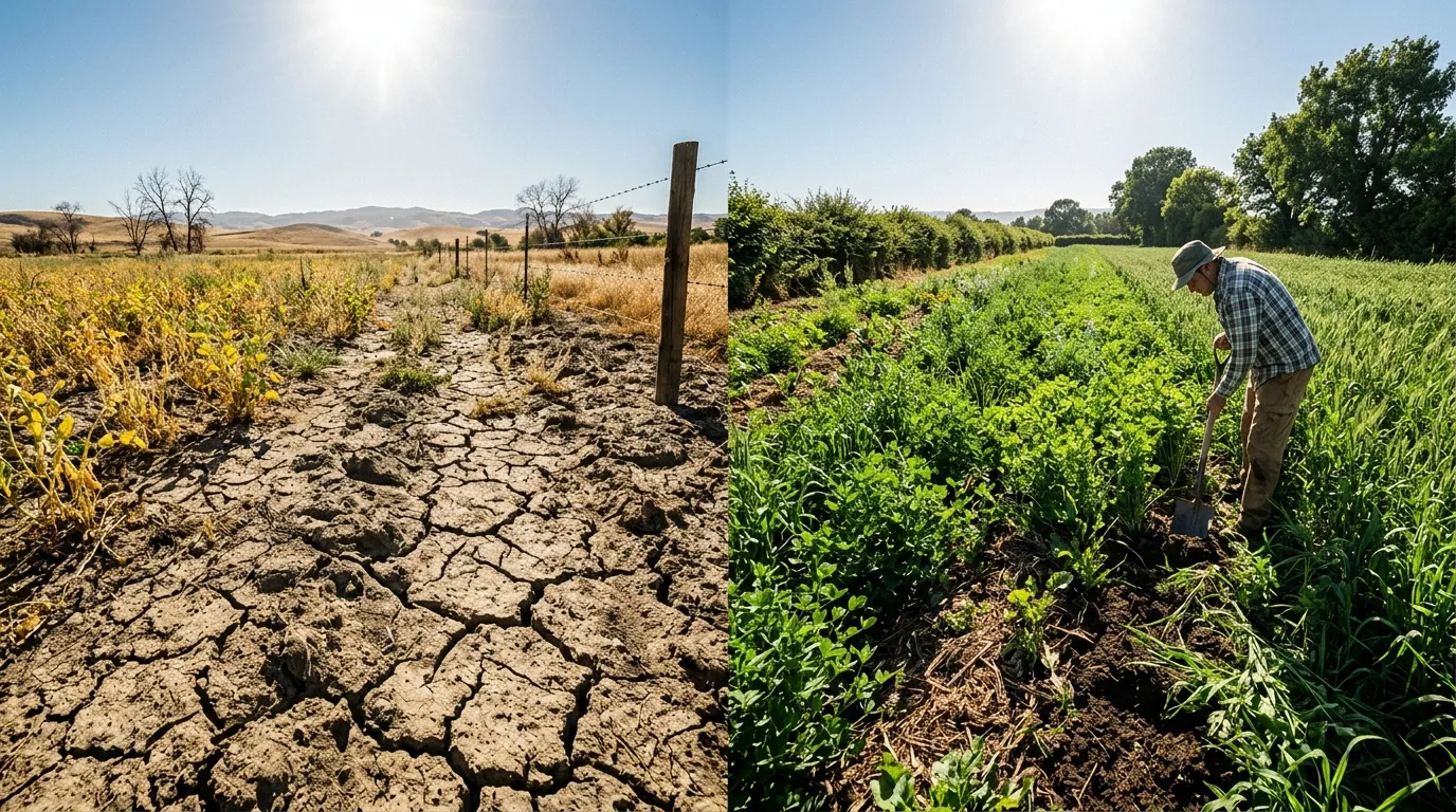 Comparação de solo degradado e solo manejado por técnicas sustentáveis sob calor extremo.