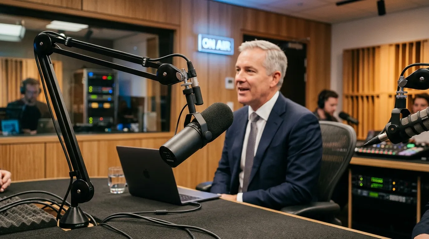 Microfone de estudio de radio focado discutindo como intimar devedor de forma legal e justa.
