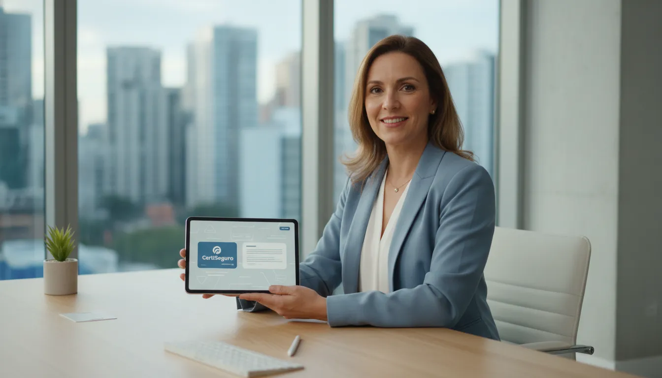 Contadora sorri, exibindo tablet com sistema CertiSeguro para organizar certificados digitais clientes com tranquilidade.