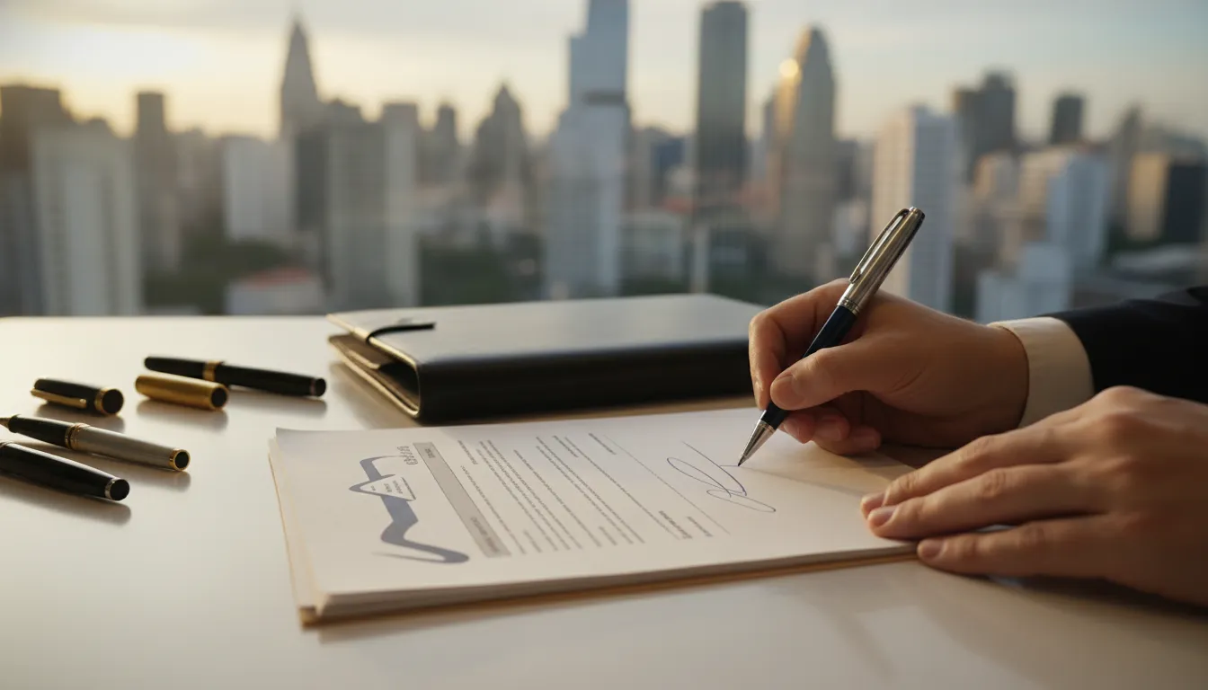 Detalhe de mãos assinando documentos importantes para a abertura de empresa em Sao Paulo, com a cidade ao fundo.