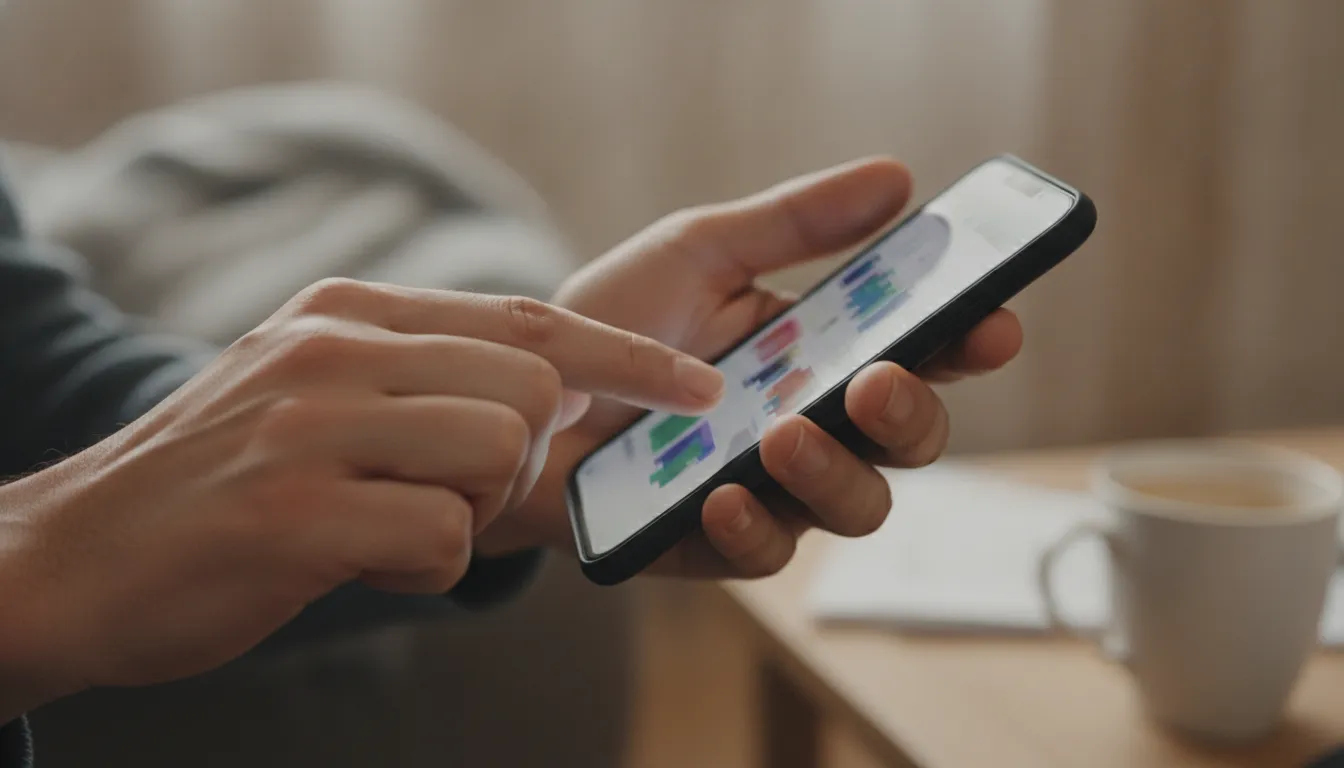 Mãos inquietas rolam tela de smartphone, buscando escapar do tédio. Sinal de vício em celular.