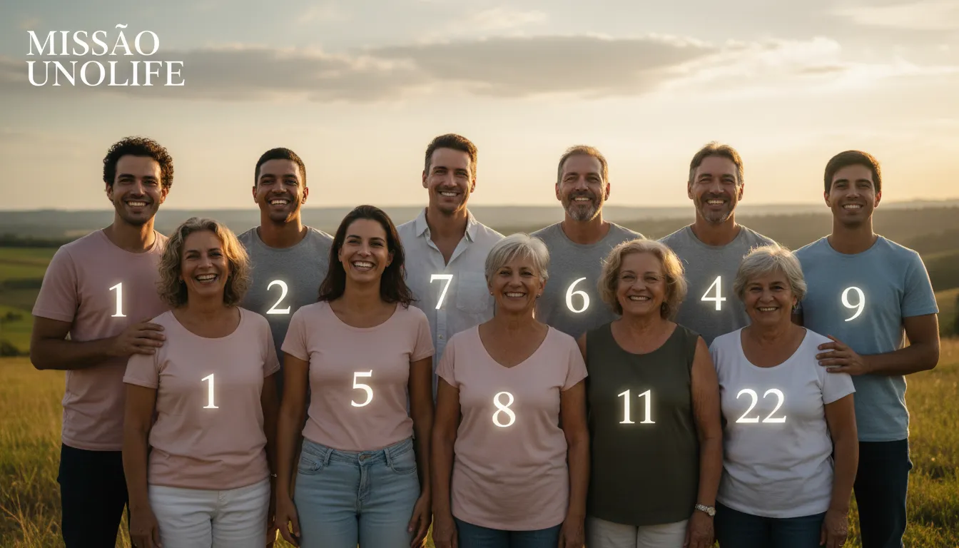Pessoas diversas e felizes com seus números do destino sobrepostos, demonstrando o impacto da Unolife.