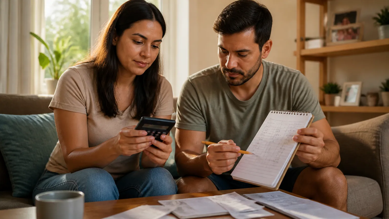 Casal organizando orçamento familiar para controlar compras por impulso