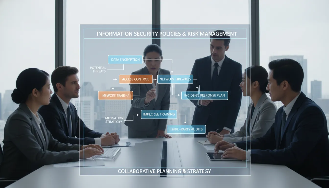 Reunião de profissionais analisando fluxogramas de políticas de segurança da informação.